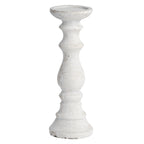 Pale cream-grey candle holder with a shallow round tray, ringed stem, rounded lower curve and flared circular foot against white.