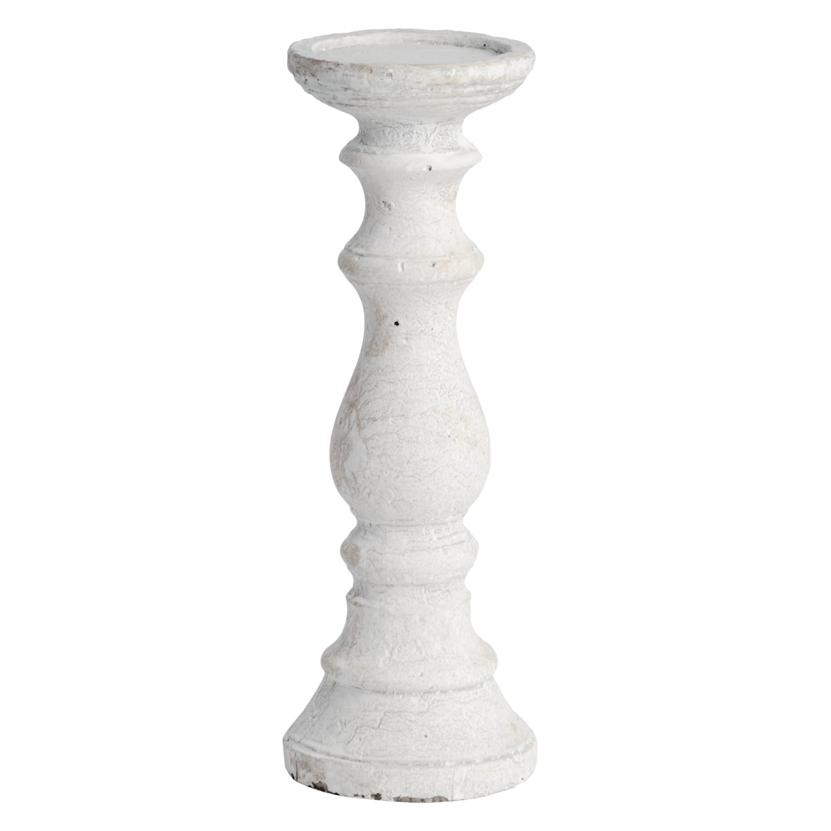 Pale cream-grey candle holder with a shallow round tray, ringed stem, rounded lower curve and flared circular foot against white.