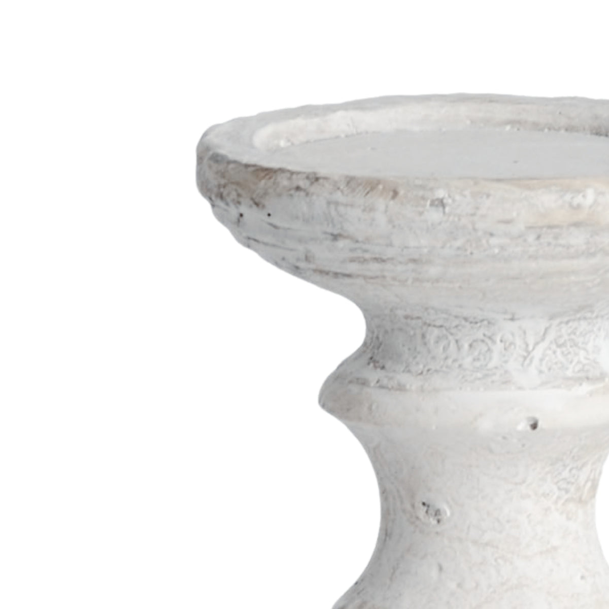Close-up of the candle holder's shallow tray and upper stem, showing horizontal bands, uneven pale mottling and small darker flecks.
