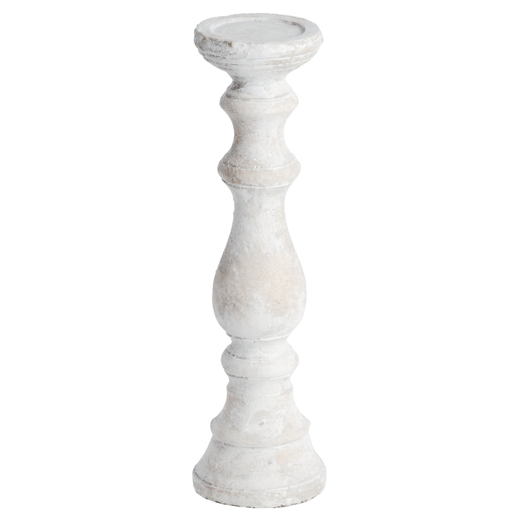 Pale cream-grey candle holder on a white background, with a shallow round tray, long curved stem and flared circular foot.
