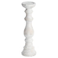 Pale cream-grey candle holder on a white background, with a shallow round tray, long curved stem and flared circular foot.