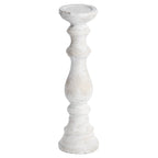 Pale cream-grey candle holder on a white background, with a shallow round tray, long curved stem and flared circular foot.