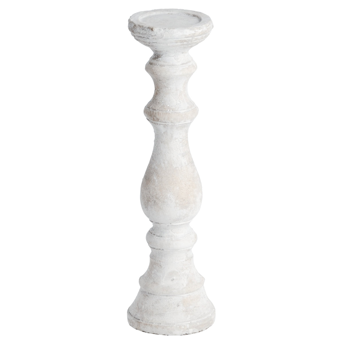 Pale cream-grey candle holder on a white background, with a shallow round tray, long curved stem and flared circular foot.