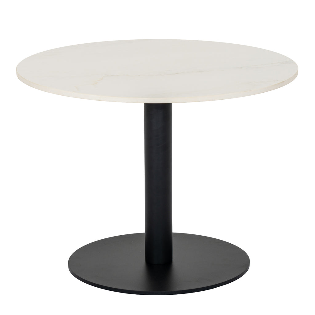 Round coffee table viewed from the front, with a pale veined top above a dark cylindrical pedestal and circular base.