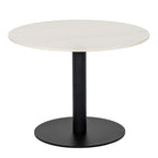 Round coffee table viewed from the front, with a pale veined top above a dark cylindrical pedestal and circular base.