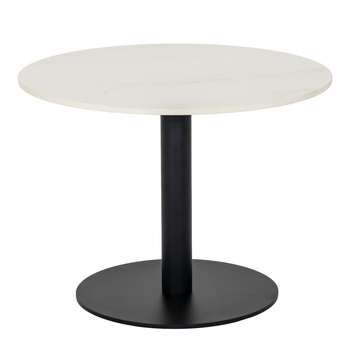 Round coffee table viewed from the front, with a pale veined top above a dark cylindrical pedestal and circular base.