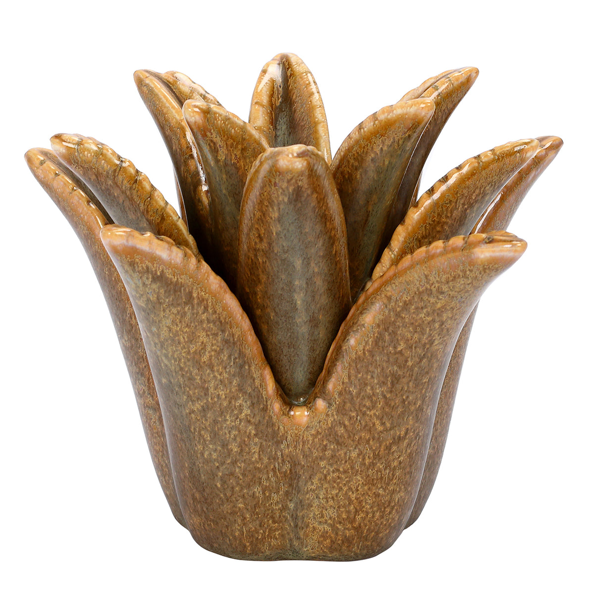 Brown ceramic candleholder with overlapping pointed leaves rising from a rounded, shallow-lobed body, against white.