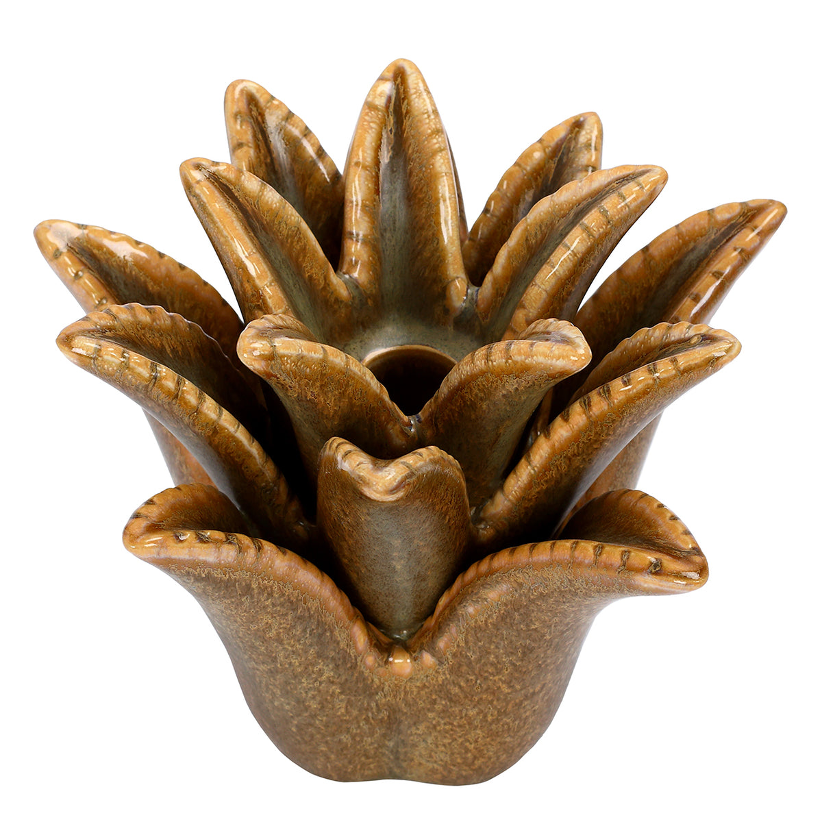 Elevated view of the candleholder showing concentric leaf forms surrounding a central circular candle socket.