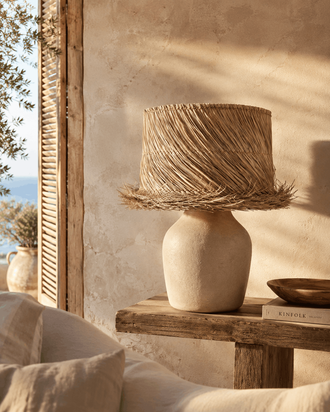 Pandan Table Lamp Shade – Natural – styled on a table-lamp base
