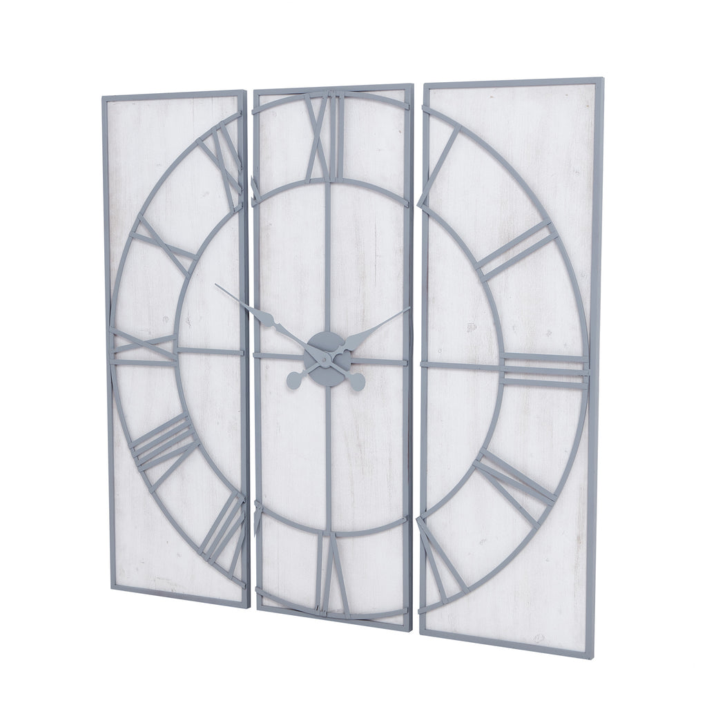 Angled view of the Panel Roman Wall Clock with three whitewashed rectangular panels, grey Roman numerals and ornate hands.