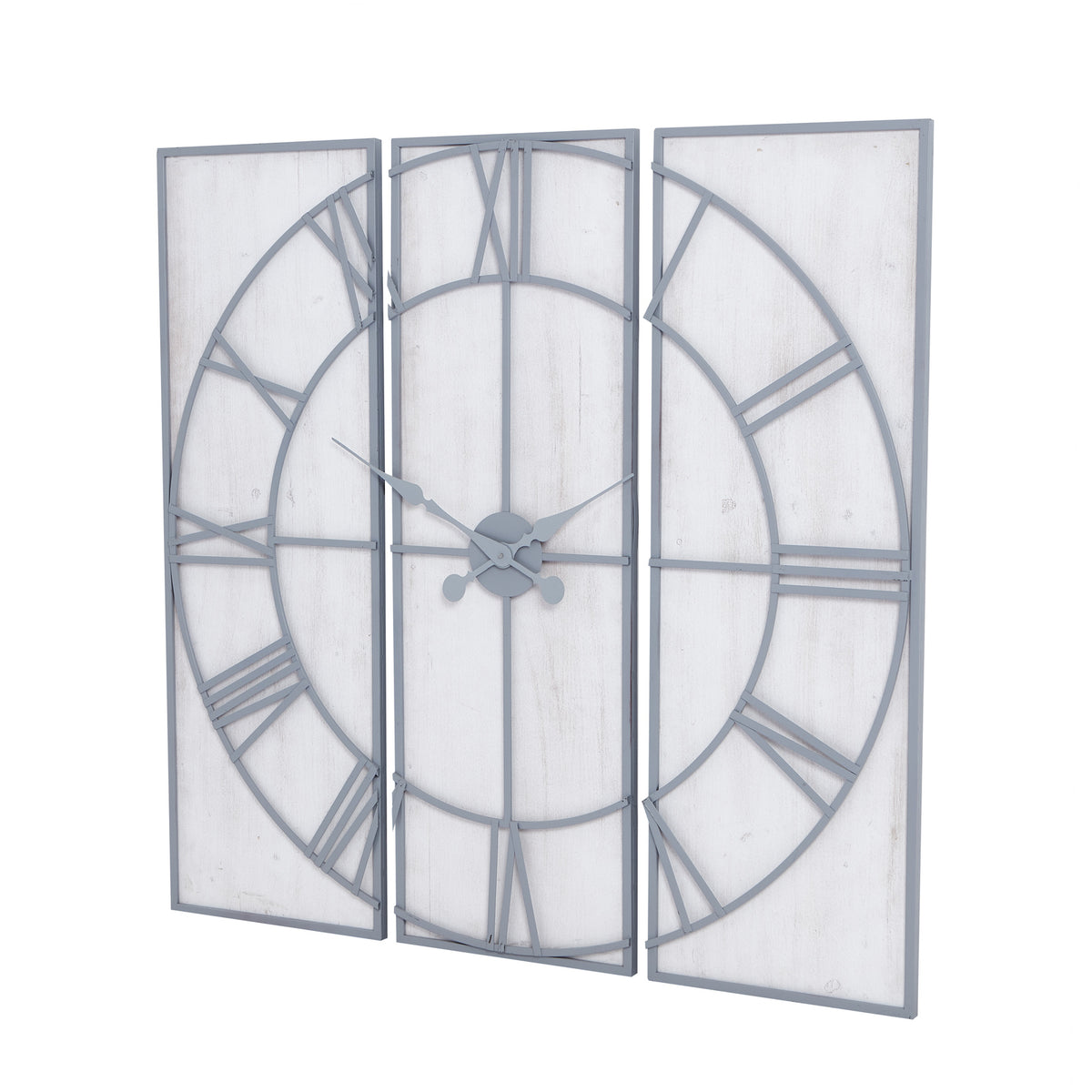 Angled view of the Panel Roman Wall Clock with three whitewashed rectangular panels, grey Roman numerals and ornate hands.