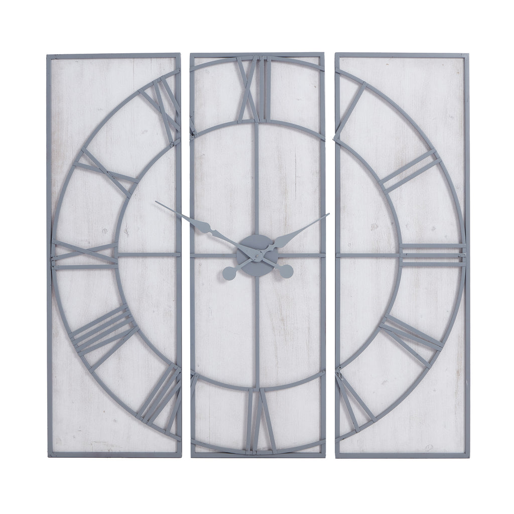Front view of the clock showing its circular grey Roman-numeral dial spanning three tall framed panels.