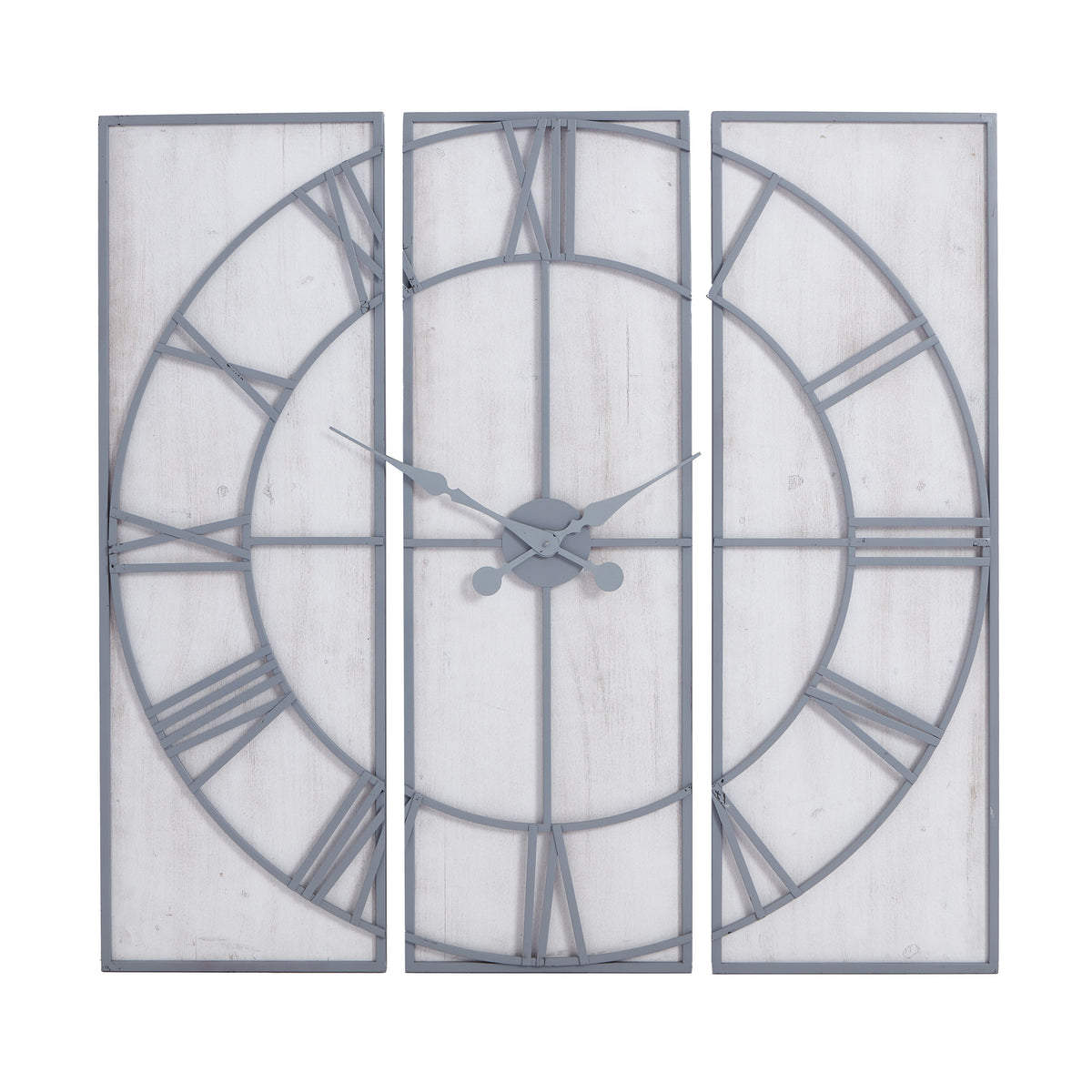 Front view of the clock showing its circular grey Roman-numeral dial spanning three tall framed panels.