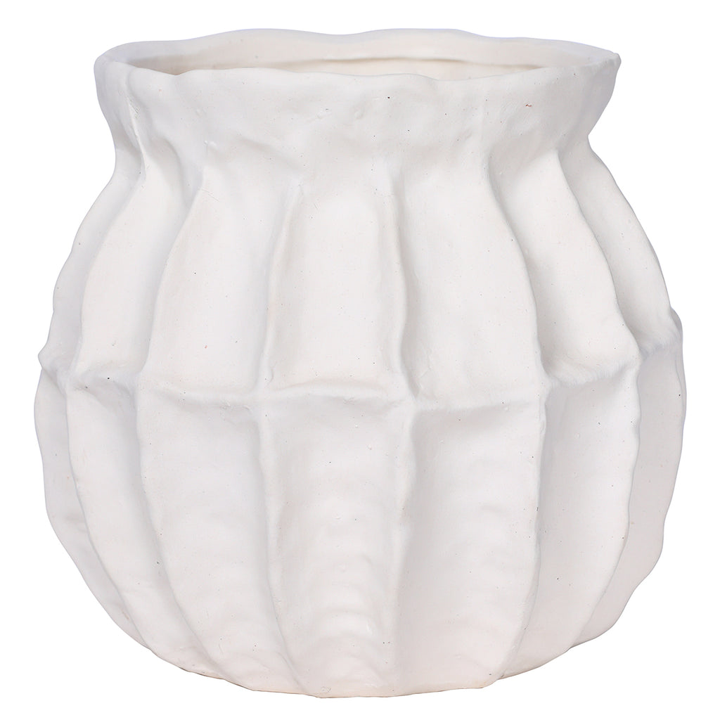 Front view of a rounded white vase with deep panelled contours and an undulating rim against a white background.