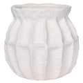 Front view of a rounded white vase with deep panelled contours and an undulating rim against a white background.