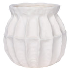 Front view of a rounded white vase with deep panelled contours and an undulating rim against a white background.