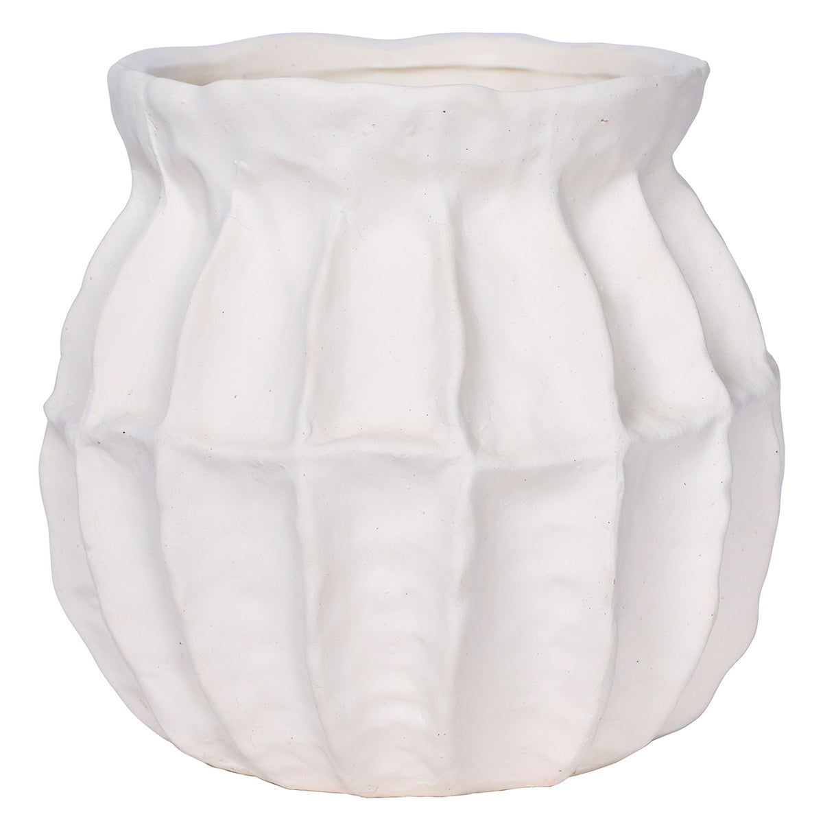 Front view of a rounded white vase with deep panelled contours and an undulating rim against a white background.