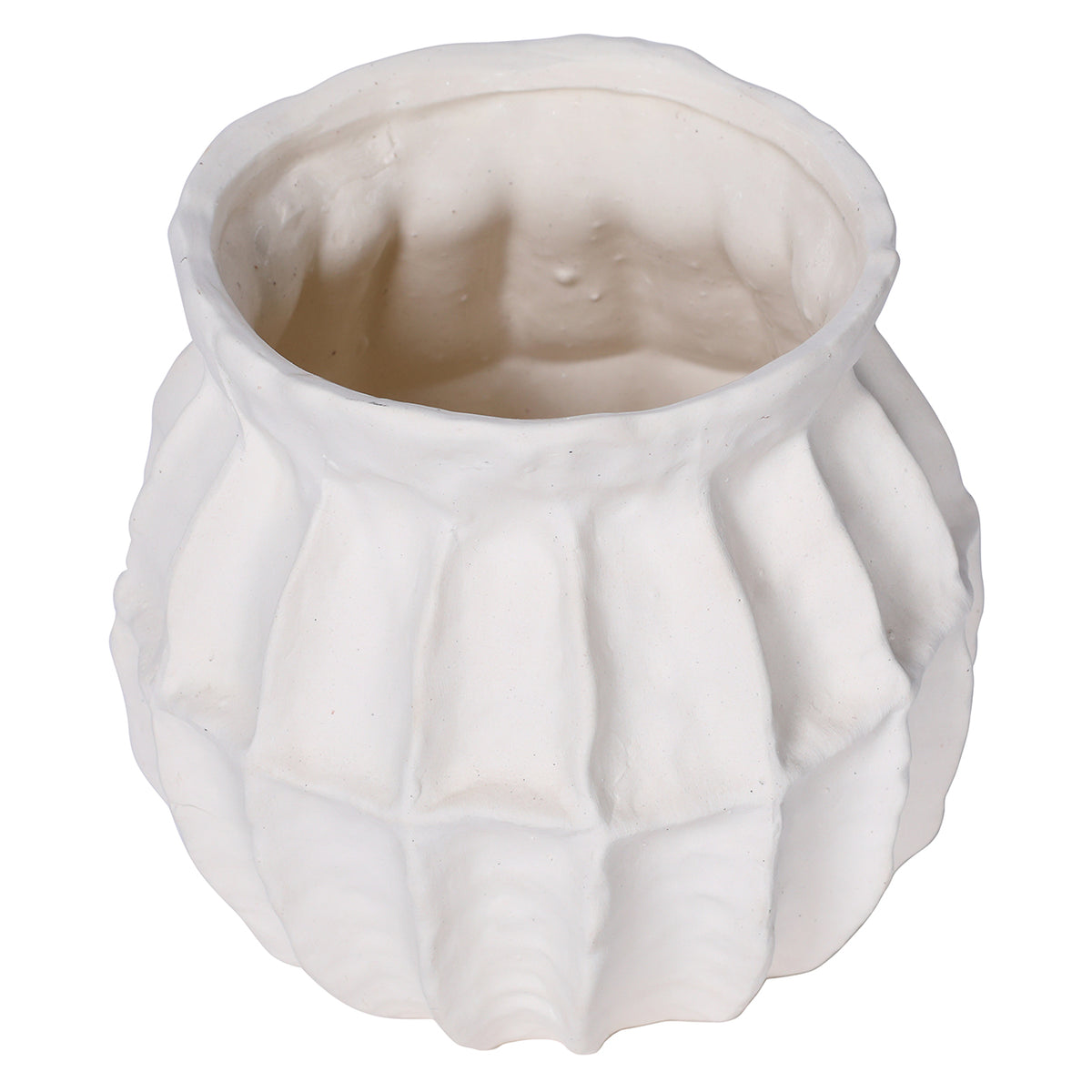White panelled vase viewed from above at an angle, showing the open mouth and rounded body.
