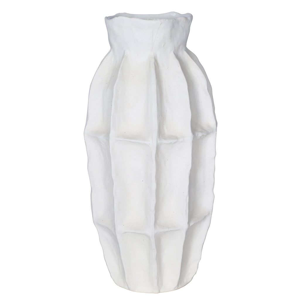 Front view of a tall white vase with soft vertical panels, rounded shoulders and an uneven rim on a white background.