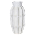 Front view of a tall white vase with soft vertical panels, rounded shoulders and an uneven rim on a white background.