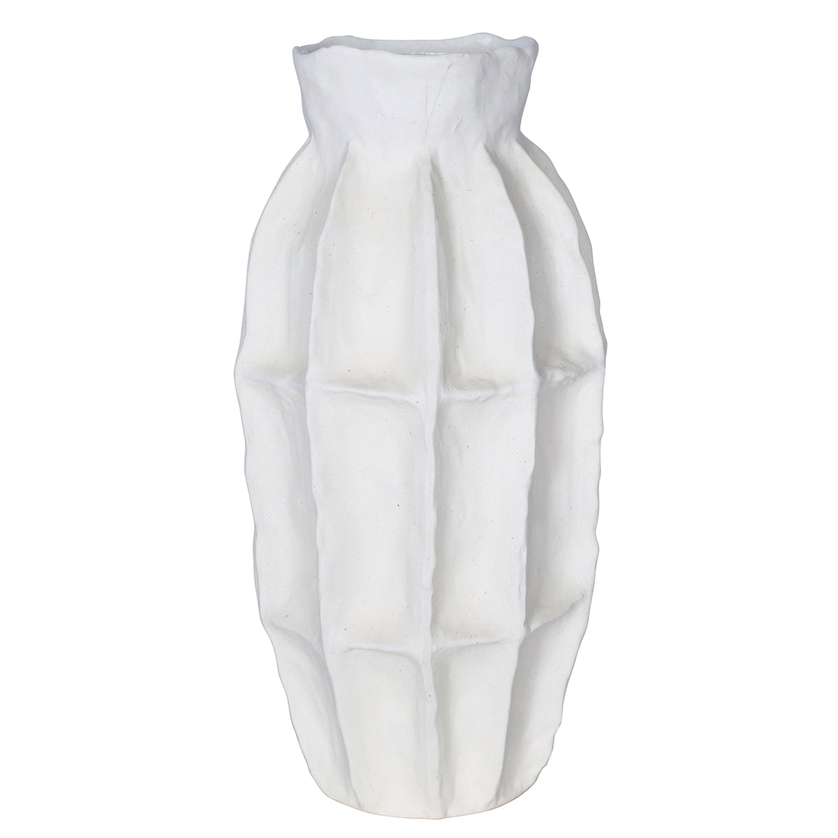 Front view of a tall white vase with soft vertical panels, rounded shoulders and an uneven rim on a white background.