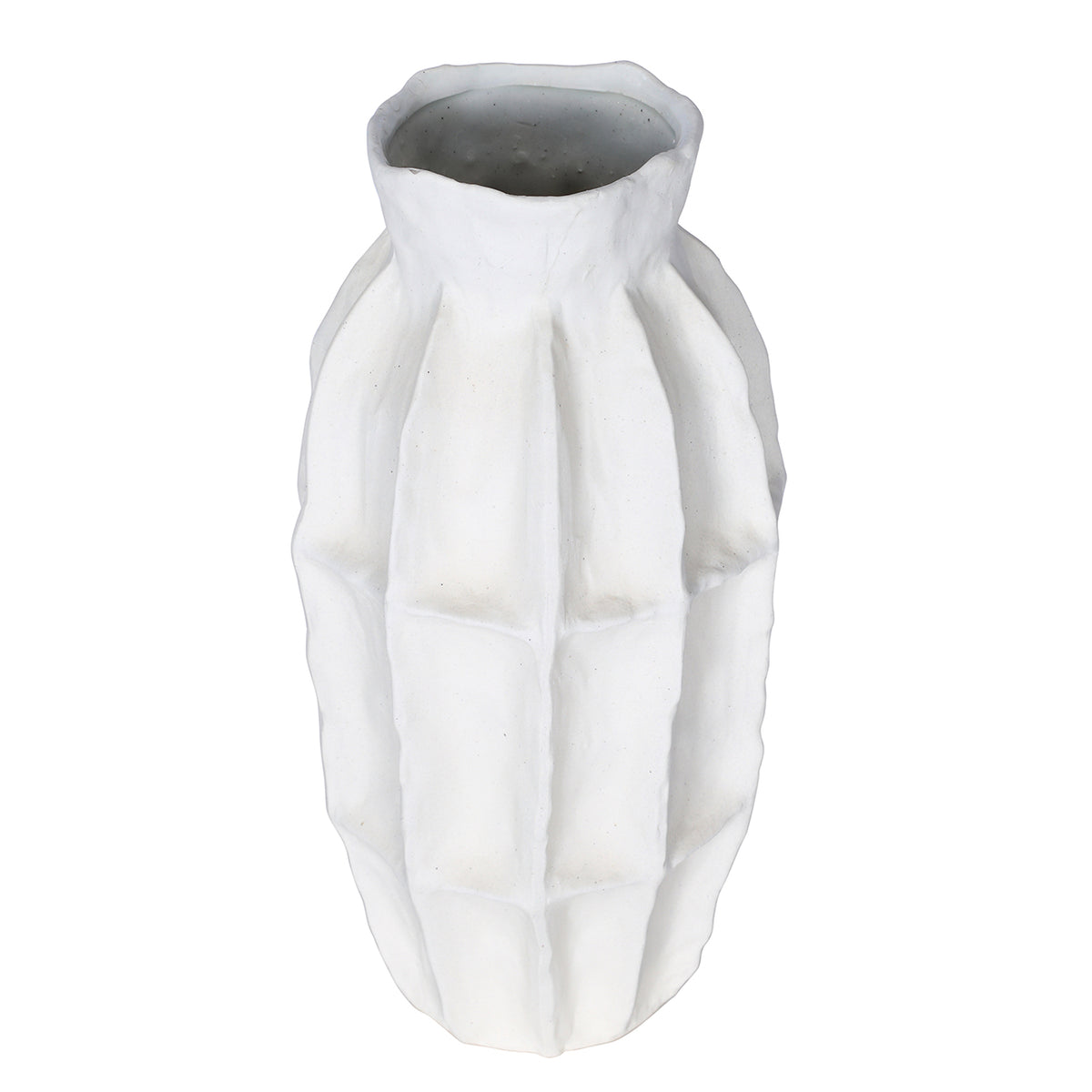 White panelled vase viewed from a raised angle, showing the open neck and gently irregular outline.
