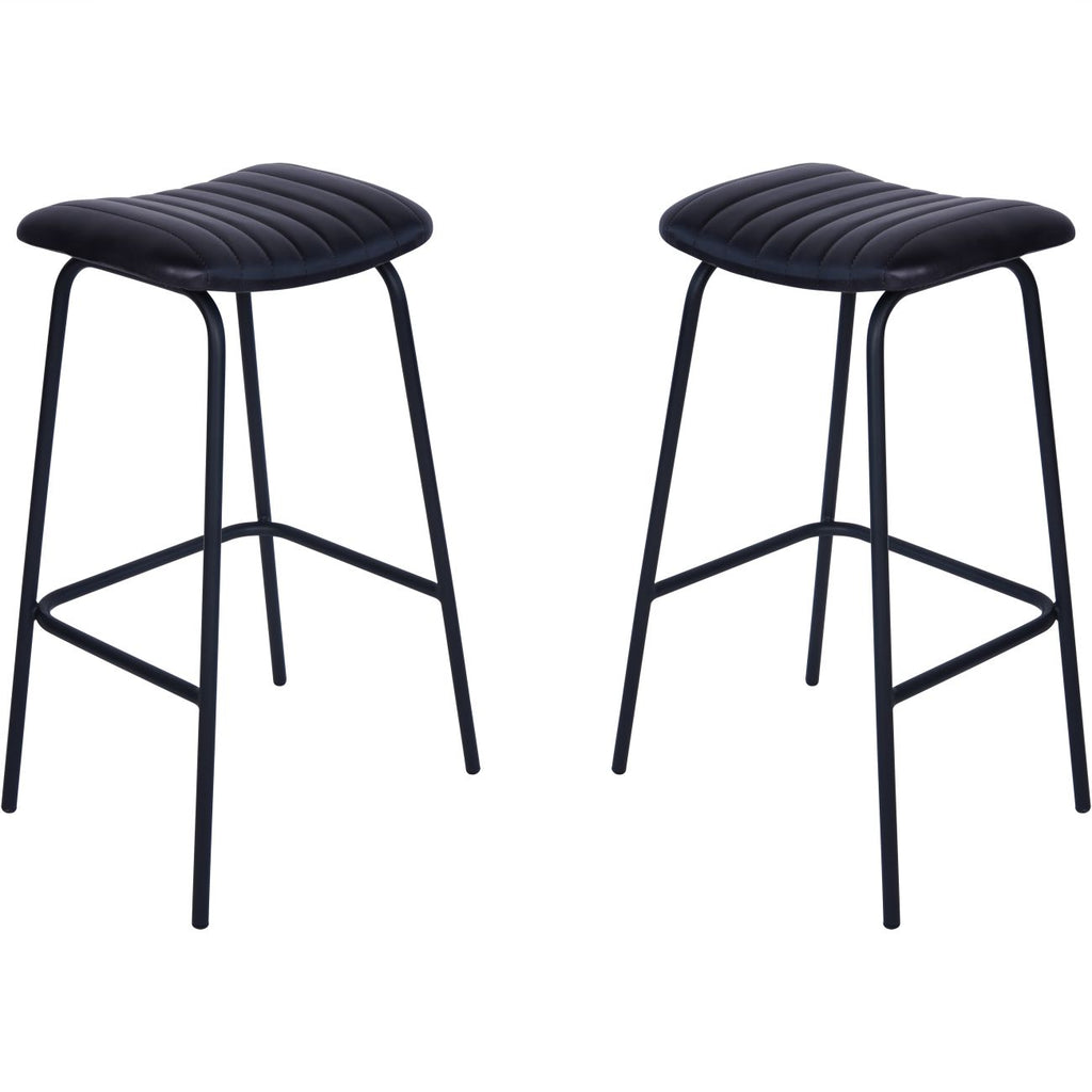 Pair of charcoal bar stools with parallel-stitched seats, slender black legs and footrests against a white background.