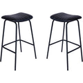 Pair of charcoal bar stools with parallel-stitched seats, slender black legs and footrests against a white background.