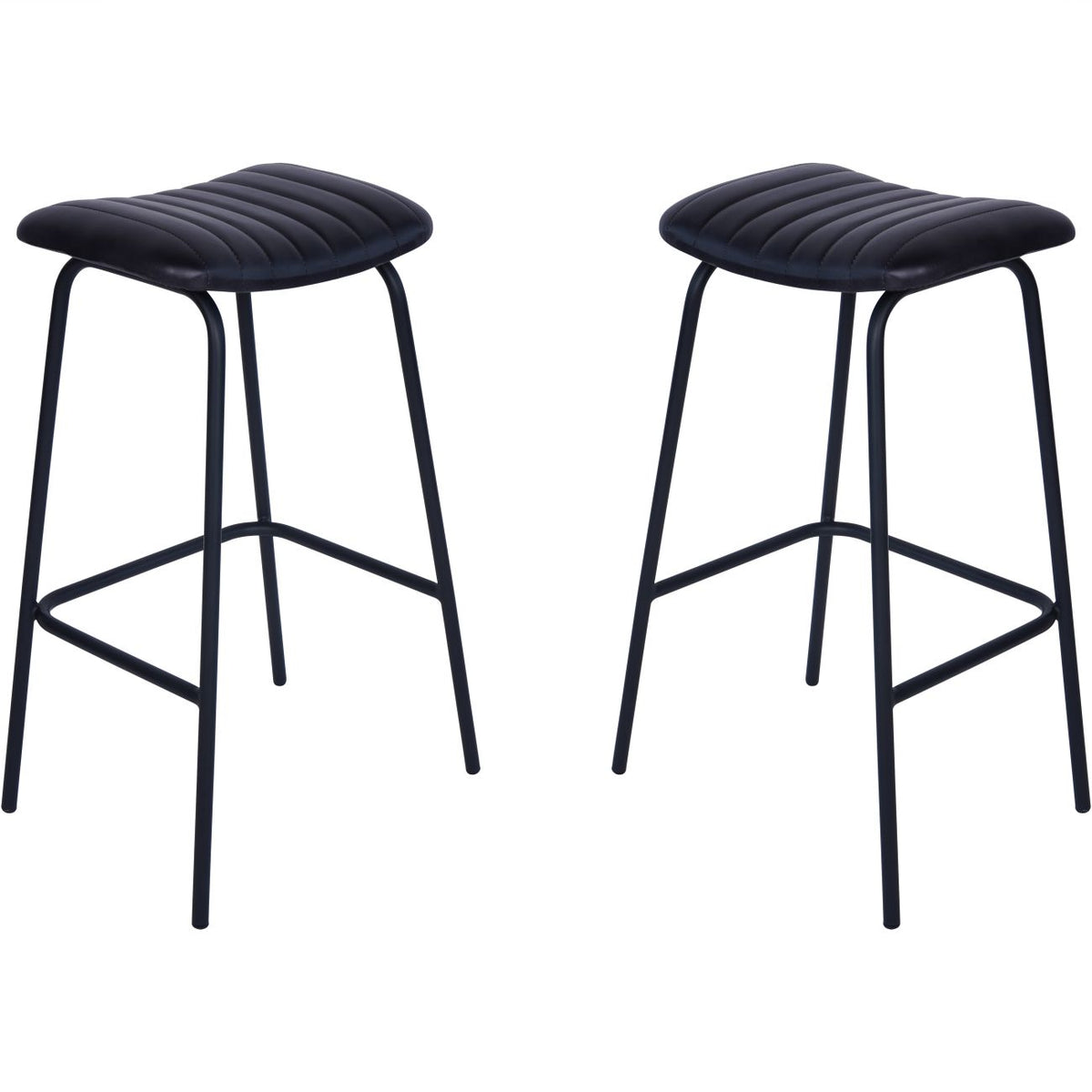 Pair of charcoal bar stools with parallel-stitched seats, slender black legs and footrests against a white background.