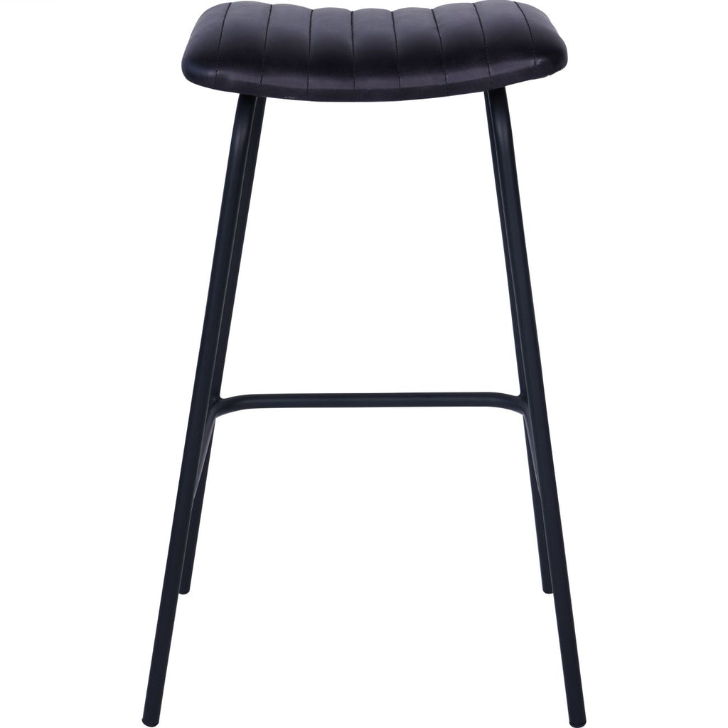 Straight-on view of a charcoal bar stool showing its curved stitched seat and horizontal black footrest.