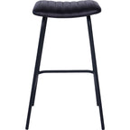 Straight-on view of a charcoal bar stool showing its curved stitched seat and horizontal black footrest.