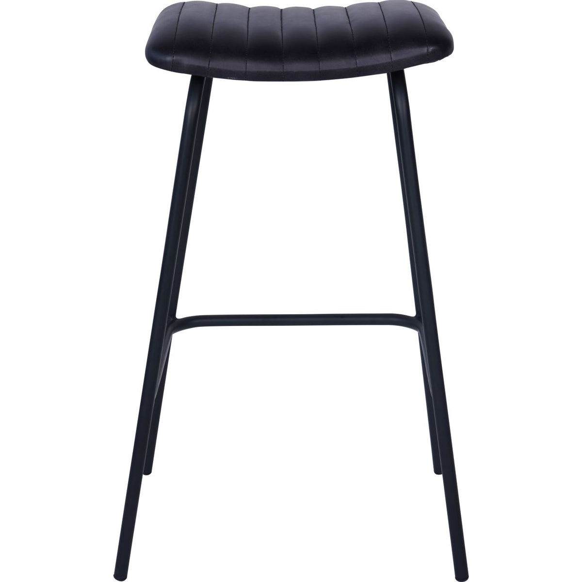 Straight-on view of a charcoal bar stool showing its curved stitched seat and horizontal black footrest.