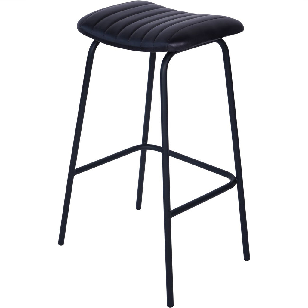 Angled view of a single charcoal bar stool showing the padded seat, four slender legs and wraparound footrest.