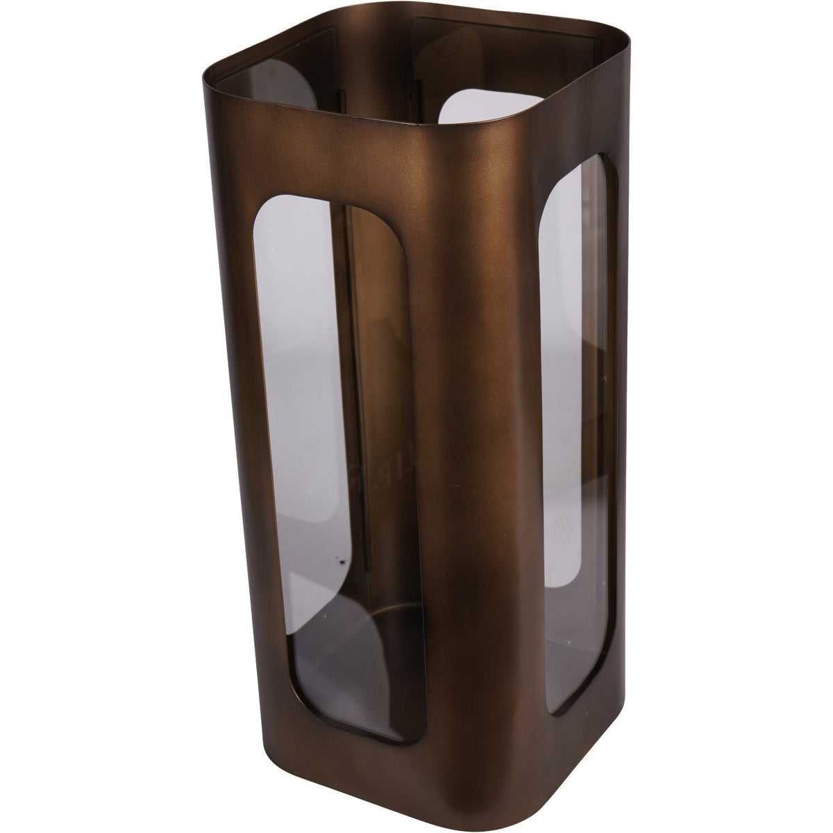 Elevated angled view of the candle holder showing its open top, rounded corners and glass panels.