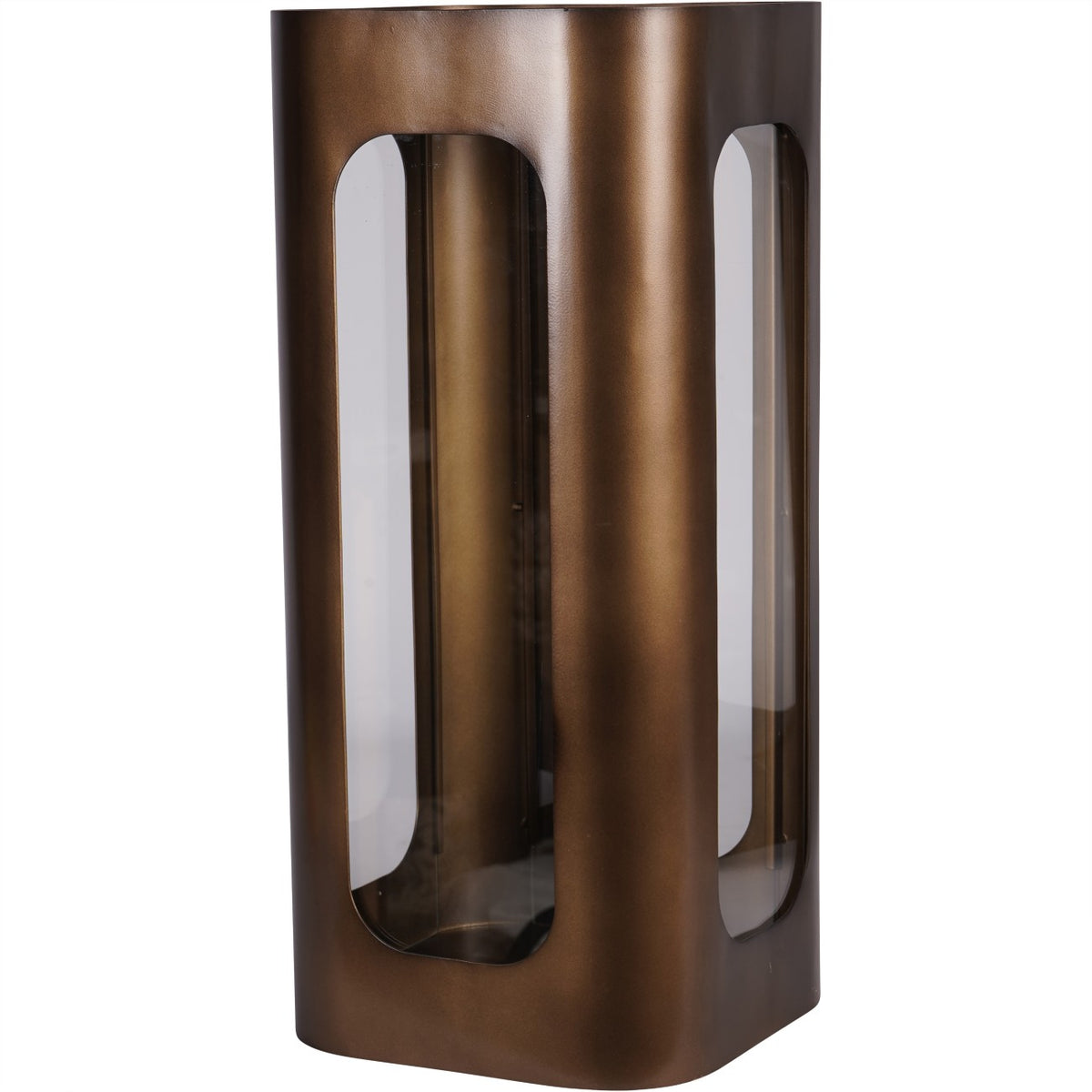 Medium Parapet candle holder in bronze tones, viewed at an angle showing two elongated glass windows.