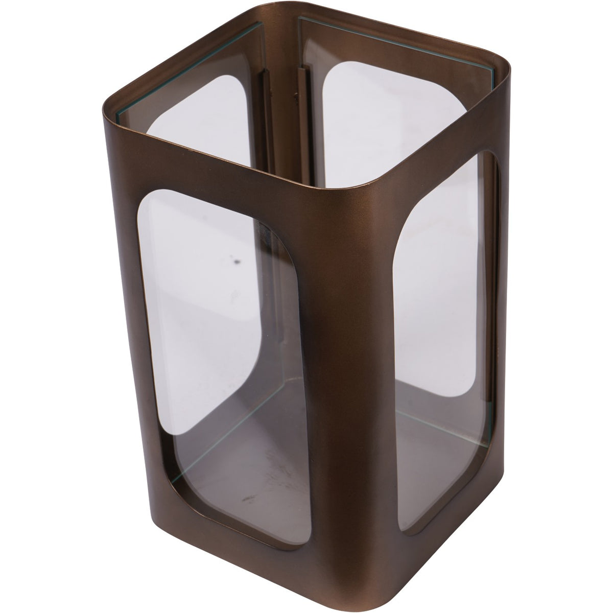 View from above of the empty candle holder, showing its open top, glass panels and square base.