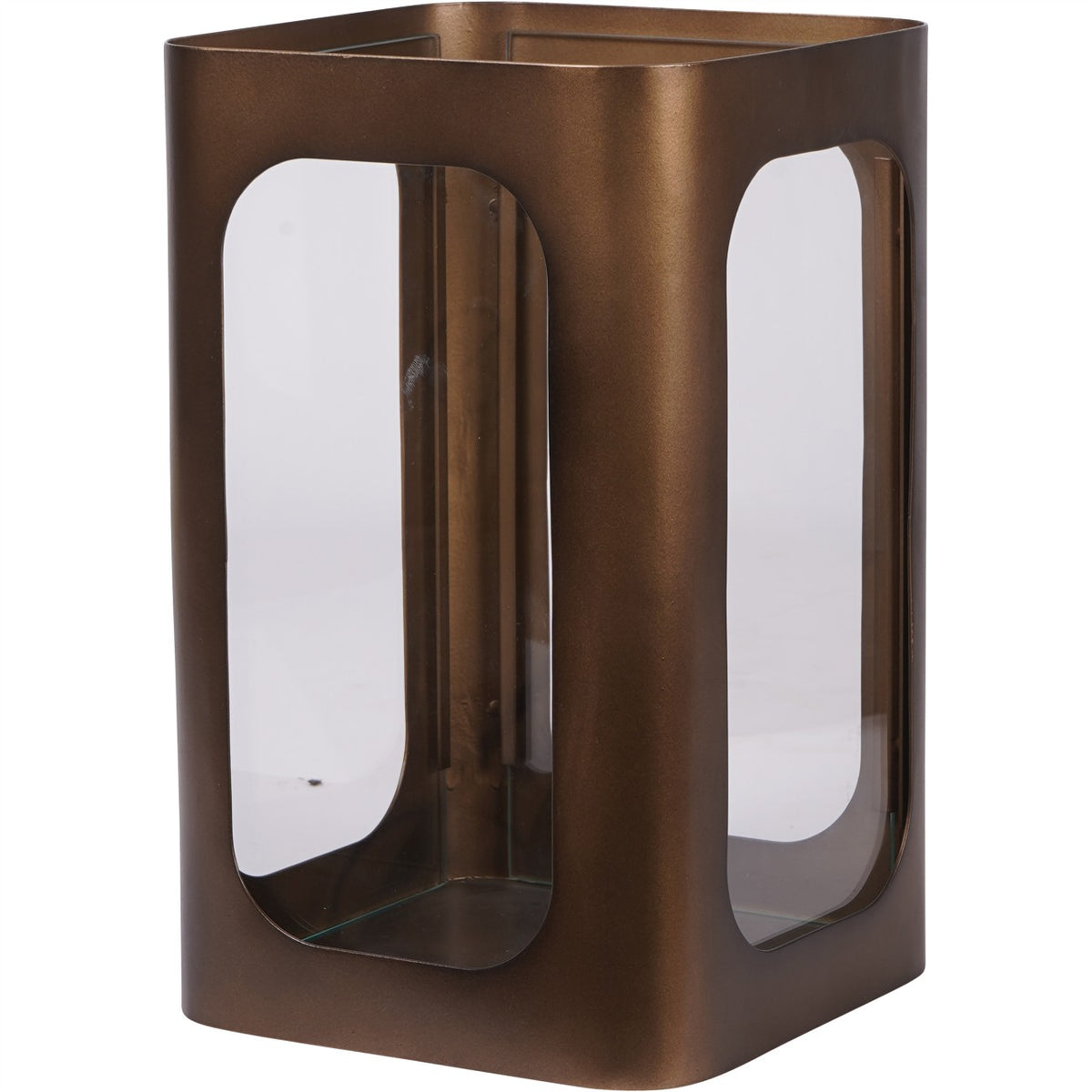 Three-quarter view of the small bronze-toned Parapet candle holder, showing glass windows, rounded corners and an open top.