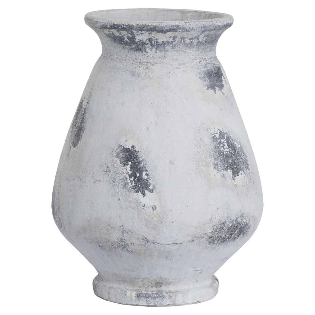 Patch Urn Vase with a flared rim, rounded body and white finish marked by irregular grey patches, shown against white.