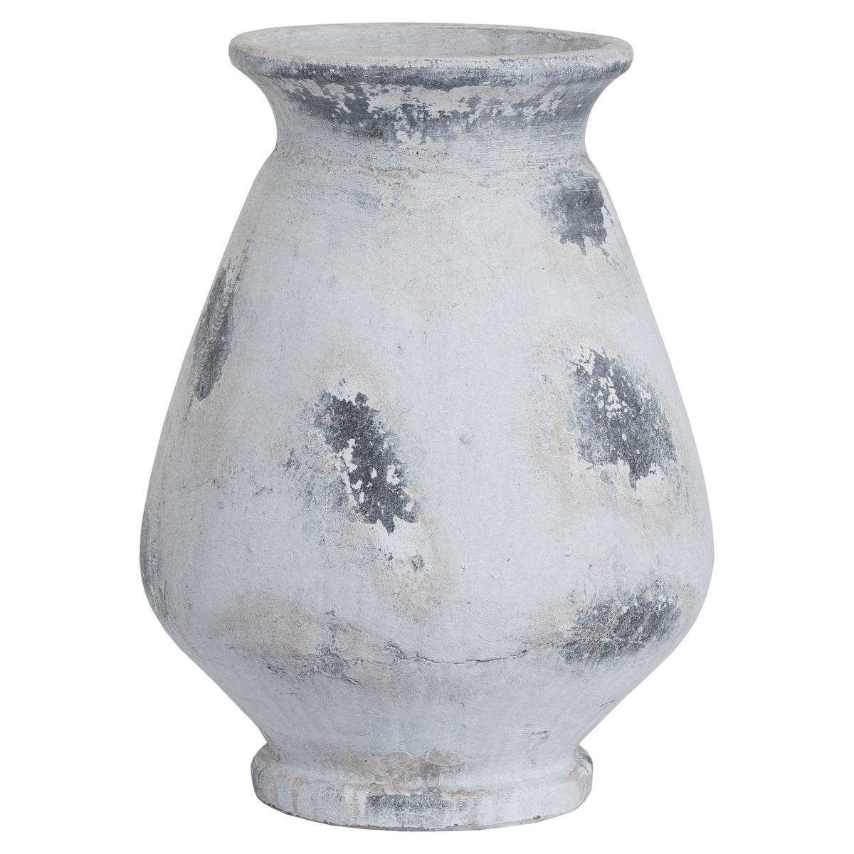 Patch Urn Vase with a flared rim, rounded body and white finish marked by irregular grey patches, shown against white.