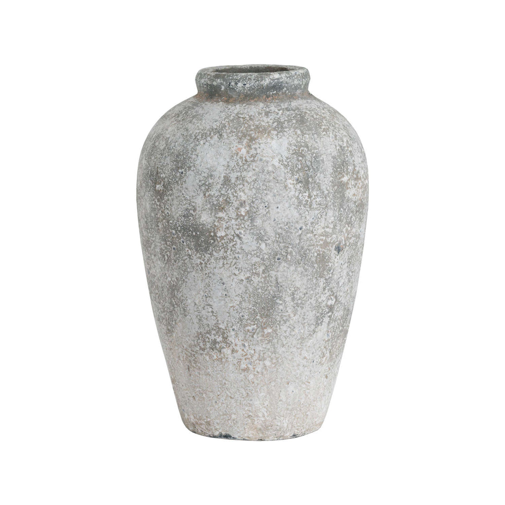 Patchneck Vase against a white background, showing its tall rounded body, short narrow neck and mottled off-white and grey surface.