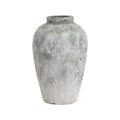 Patchneck Vase against a white background, showing its tall rounded body, short narrow neck and mottled off-white and grey surface.