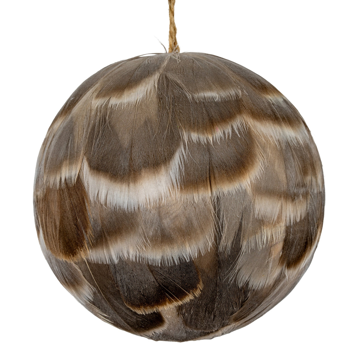 Close-up of the bauble's overlapping feather-like shapes, showing fine lines and cream bands across the grey-brown surface.