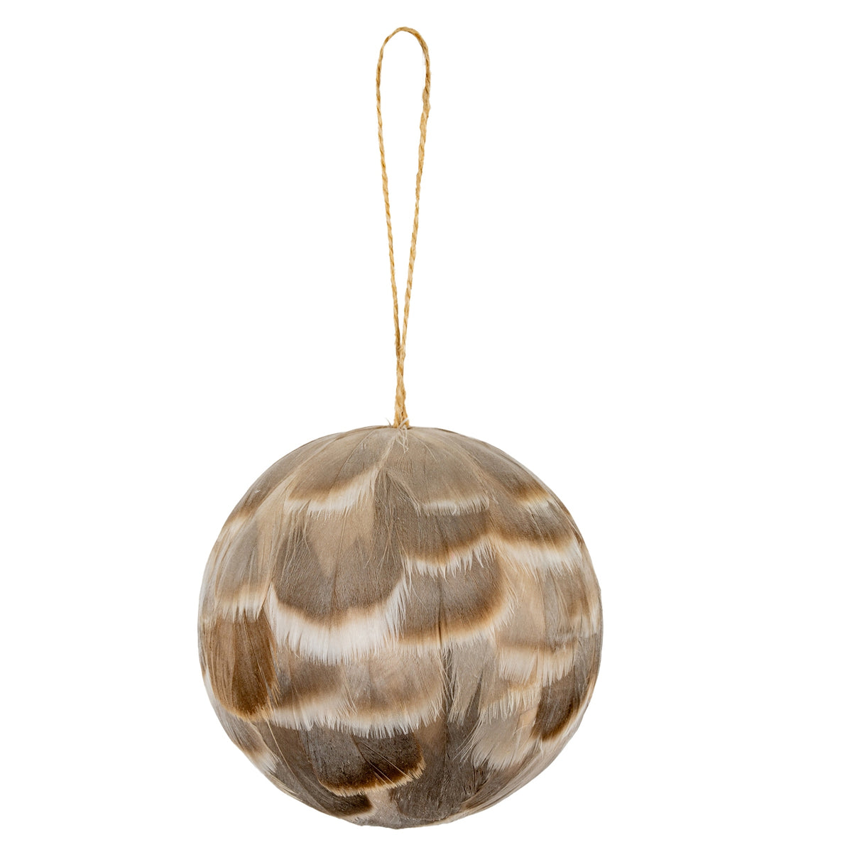 Round feather-look bauble with overlapping taupe, grey-brown and cream patterning and a long brown cord loop against white.