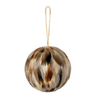 Spherical feather-look bauble with overlapping cream, brown and dark patterned elements and a long brown cord loop against white.