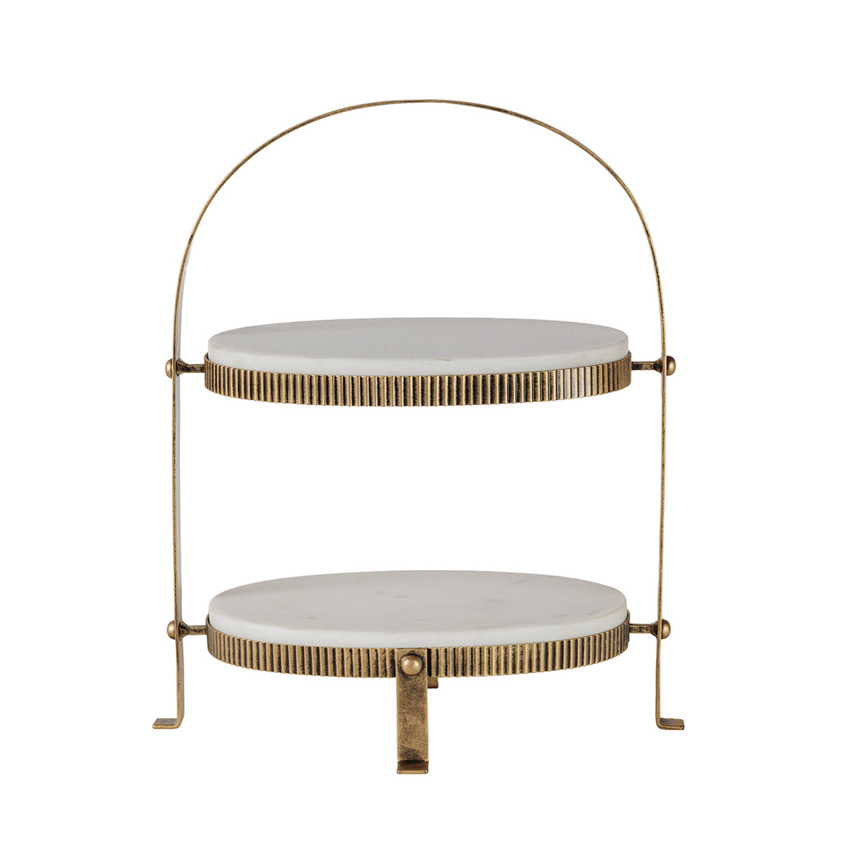 Front view of the two-tier oval marble display stand with aged-gold corrugated bands and a tall rounded arch.