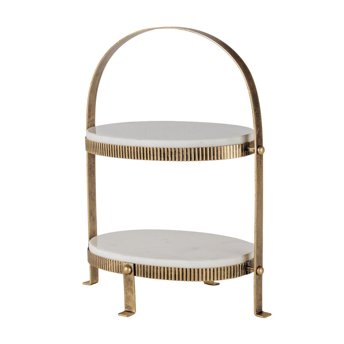 Angled view showing the oval white marble tiers, arching aged-gold frame, domed fasteners and flat feet.