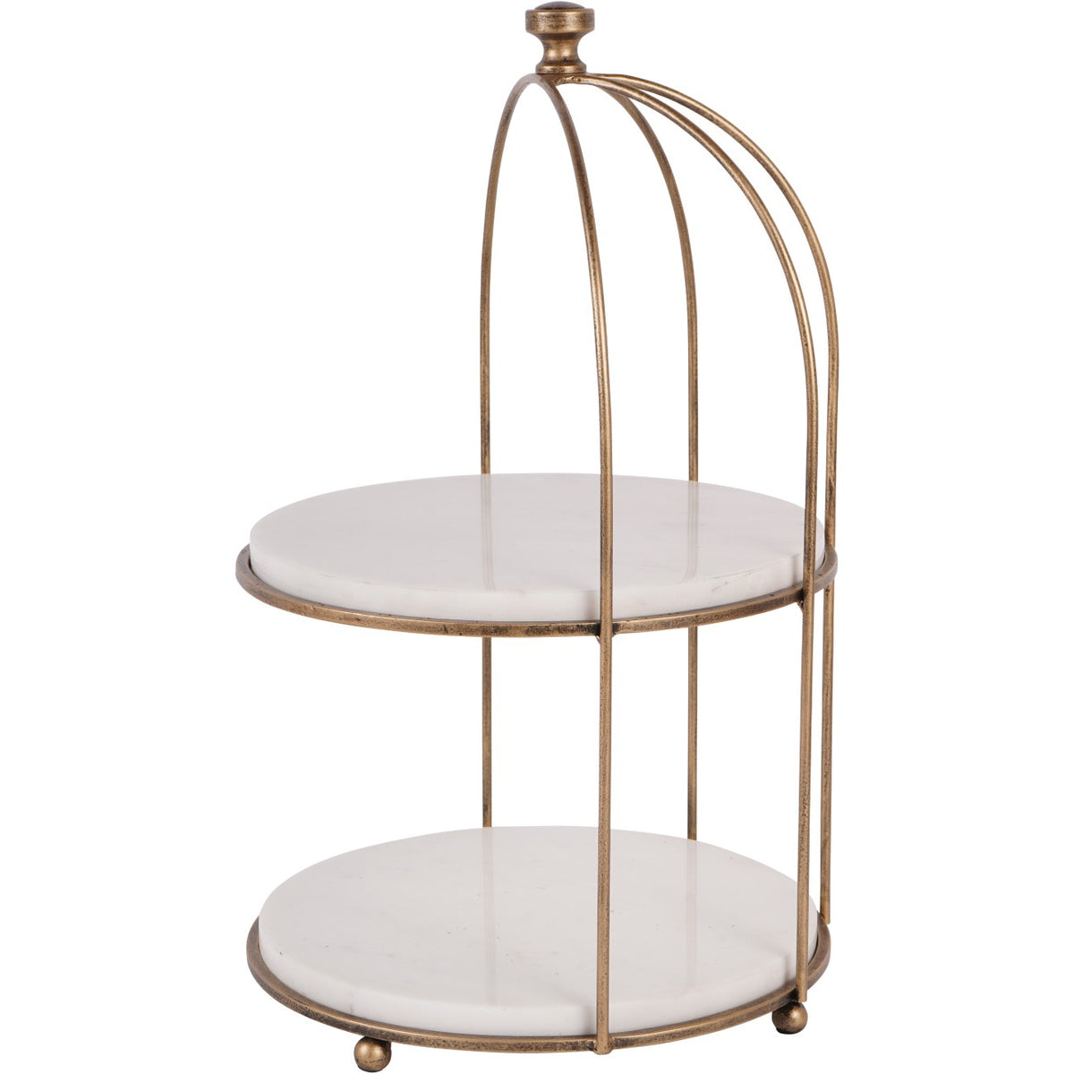Angled view showing the circular marble tiers and slender gold rods curving towards the top finial.