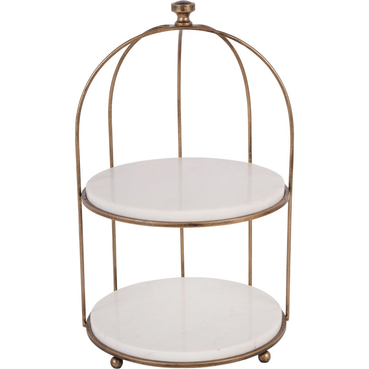 Front view of the two-tier display stand with white marble tiers, an aged gold domed frame and small ball feet.