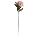 Full view of an artificial peach peony stem with an open flower, closed bud and dark green leaves against a white background.