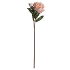 Full view of an artificial peach peony stem with an open flower, closed bud and dark green leaves against a white background.